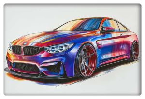 A vibrant and colorful illustration of a BMW M4, featuring a striking mix of abstract hues and clean automotive lines.