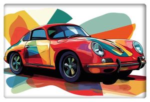 Vibrant artwork of a classic red Porsche with bold, colorful abstract patterns in the background.