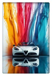 A sleek white sports car set against a backdrop of splashing orange, red, and blue paint, reflecting on a glossy surface.