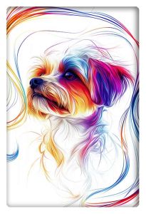 A digital abstract portrait of a dog in vibrant rainbow colors, with swirling lines and a soft expression.