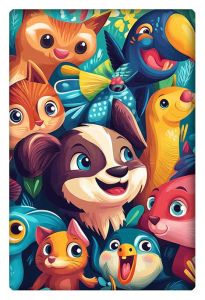 Vibrant illustration featuring adorable animals like a dog, cat, bird, fish, and other playful creatures, perfect for kids' rooms.