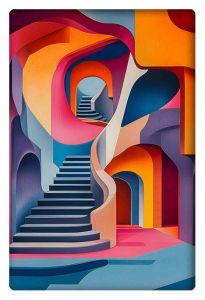 A vibrant abstract artwork featuring a winding staircase in bold, multicolored geometric arches.