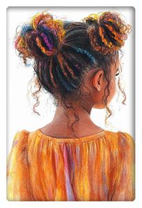 Vibrant drawing of a little girl with colorful hair buns, dressed in an orange flowing top, seen from behind.