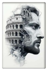 Profile of a man’s face merged with the Colosseum.