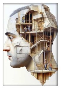 A surreal image of a man’s profile, depicting construction workers building a staircase inside his head.