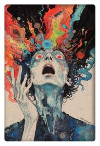 Abstract watercolor painting of a figure with a blue face and vibrant, swirling colors exploding from their head.