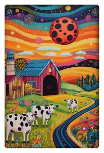 Whimsical painting of a colorful farm with cows and a red planet in a surreal sky.