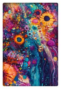 A colorful abstract painting filled with vibrant swirls, circles, and floral elements in vivid hues of purple, blue, and orange.