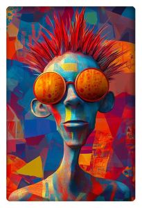 A stylized alien figure with vibrant, spiky red hair and large, round sunglasses, set against a colorful and abstract geometric background.