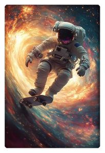 Astronaut skateboarding through a swirling cosmic vortex in space.