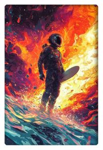 Astronaut surfing on vibrant waves with a fiery cosmic background.