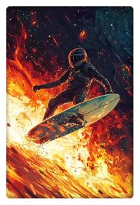 Astronaut surfing a cosmic fire wave in a vibrant, fiery space scene, with intense energy and colors.