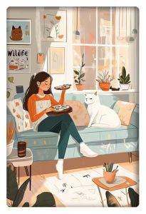 Cozy living room with a girl painting on the sofa while a white cat lounges beside her, surrounded by houseplants and art.