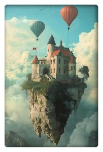 A surreal dream-like scene of a castle perched on a floating rock high above the clouds, with two hot air balloons hovering nearby.