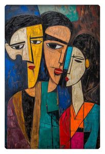 Abstract painting of three figures with bold colors and cubist features in a Picasso-inspired style.