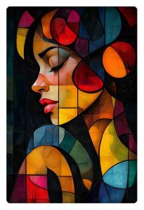 Vibrant abstract portrait of a woman's side profile in cubism style with bold, colorful geometric shapes.