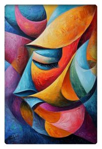 Abstract surreal painting with curved, colorful shapes creating a profile of a human face.