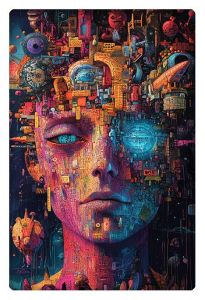 AI-generated abstract artwork of a human face composed of mechanical and futuristic elements in vibrant colors."