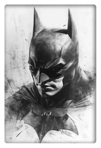 Charcoal drawing of Batman’s focused and determined face, capturing his brooding and heroic demeanor.