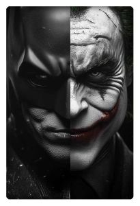 A dramatic split image featuring Batman on one side and the Joker on the other, symbolizing the duality between hero and villain.