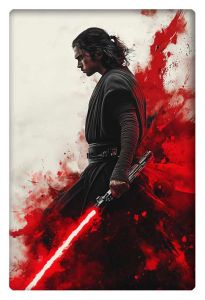 Star Wars character wielding a red lightsaber with a dramatic red and black background.