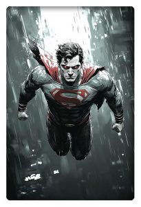 Superman, depicted in a dark and moody environment, flies forward with glowing red eyes, embodying power and intensity.