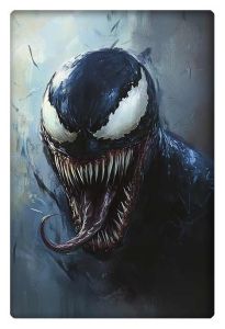 Dark, intense Venom with sharp teeth and a protruding tongue in a menacing, detailed artistic style.