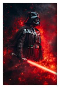 Darth Vader standing amidst a fiery red backdrop, holding a glowing red lightsaber