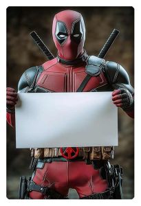 Deadpool holding a blank sign, with katanas on his back and his iconic red and black suit.