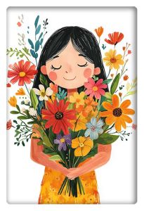 Illustration of a smiling girl holding a colorful bouquet of flowers with floral patterns surrounding her.