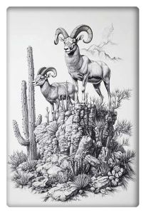 A highly detailed black and white illustration of two bighorn sheep standing atop a rocky mountain, with cacti and a desert landscape.