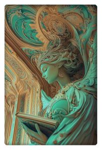 A majestic turquoise sculpture of a divine figure reading a book, intricately carved with ornate details.