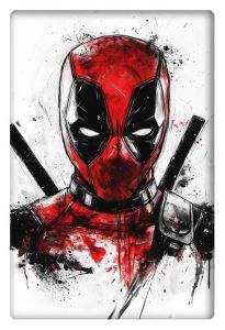 High-contrast portrait of Deadpool with intense black, white, and red tones, featuring his iconic mask and katanas.