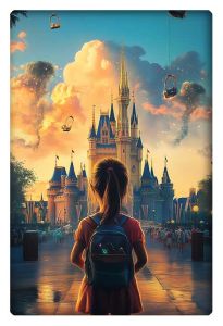 A magical scene of a young girl standing in front of a brightly lit castle, with floating balloons and a dreamlike sky filled with warm colors.