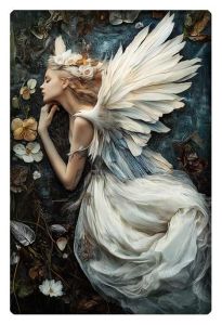 A serene angel with flowing white wings and gown rests peacefully among flowers and leaves, evoking a sense of tranquility.