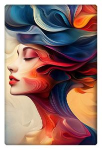 Surreal portrait of a woman's side profile with flowing, colorful abstract shapes forming her hair.