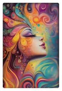 A vibrant psychedelic painting featuring a serene woman surrounded by swirling colors and abstract patterns.