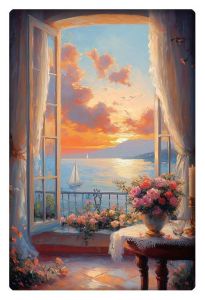 A stunning painting of a picturesque sunset seen through an open window, with a sailboat on the horizon and a bouquet of roses on a table in the foreground.