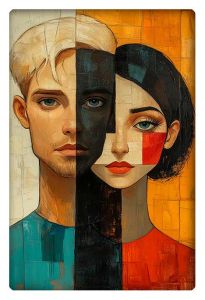 A vibrant AI-generated artwork featuring two split-faced portraits of a man and a woman, each adorned with geometric color blocks and contrasting shades, symbolizing duality and balance.