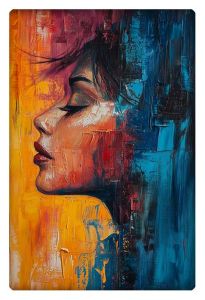 Abstract side-profile portrait of a woman, blending bold hues of orange, red, and blue in textured brushstrokes.