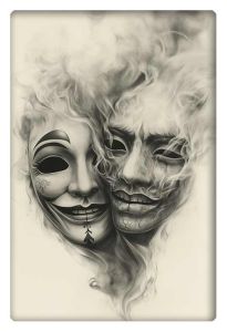 Two faces intertwined in smoke—one happy mask and one sorrowful, symbolizing the contrasting emotions of joy and despair.