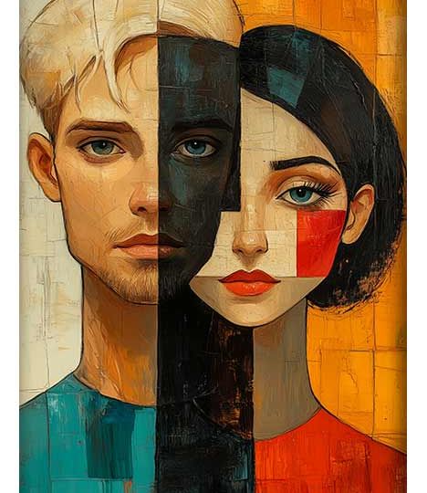 A vibrant AI-generated artwork featuring two split-faced portraits of a man and a woman, each adorned with geometric color blocks and contrasting shades, symbolizing duality and balance.