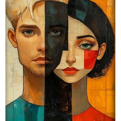 A vibrant AI-generated artwork featuring two split-faced portraits of a man and a woman, each adorned with geometric color blocks and contrasting shades, symbolizing duality and balance.