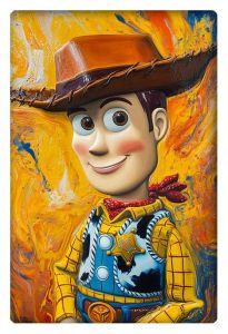 Abstract painting of Woody from Toy Story with a bold, colorful background.