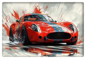 A vibrant AI-generated digital artwork featuring a red racing car with striking blue stripes, showcasing speed, motion, and power in a dynamic composition.