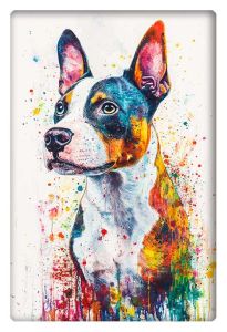 A vibrant watercolor portrait of a Bull Terrier, featuring splashes of dynamic, bright colors on a white background.