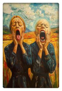 Two distressed figures in dark clothing, mouths wide open, in a surreal oil painting inspired by American Gothic and The Scream.