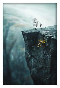 A solitary figure stands beside a barren tree on the edge of a steep cliff, symbolizing contemplation, loneliness, or facing challenges.