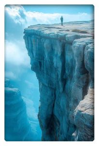 A lone figure stands at the edge of a massive cliff, overlooking a vast, foggy canyon below.