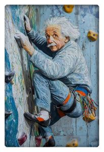 Albert Einstein climbing a rock wall in detailed AI art.